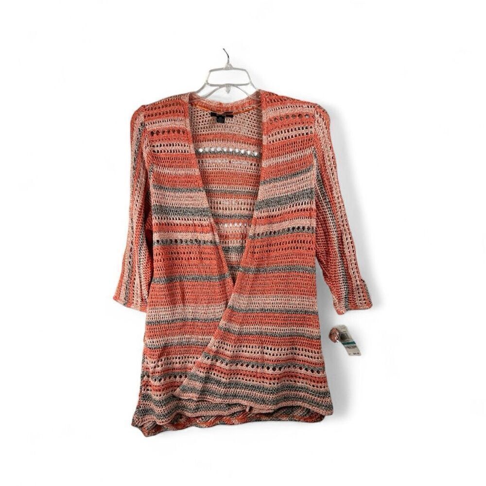 Style & Co Coral Striped Open Knit Cardigan Women’s 0X Cotton Blend Boho Sweater